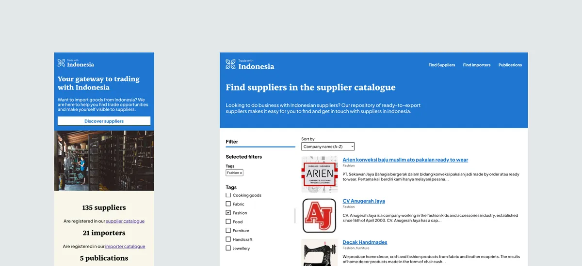 Two screenshots, one mobile and one desktop, of the Trade with Indonesia platform. On the left is the home page with a hero text saying "Your gateway to trading with Indonesia";. On the right is a result of a search page in which the user searches for Indonesian companies in the category "fashion".