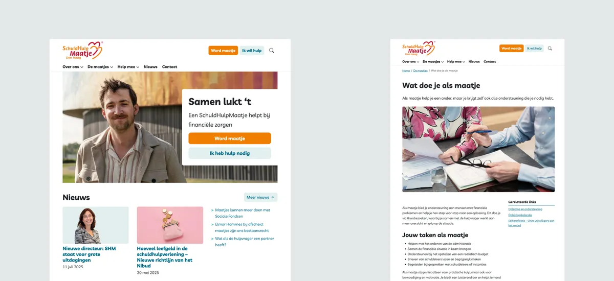 Mobile and desktop screenshots of the Stichting SchuldHulpMaatje Den Haag website.