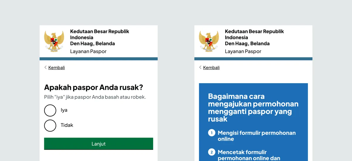 Two screenshots of mobile viewports containing pages of the "Apply for a passport" service.