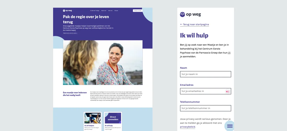 Two screenshots, one desktop-size and another mobile-size, of the Op Weg website. The desktop screenshot shows the homepage and the mobile screenshot shows a registration form.