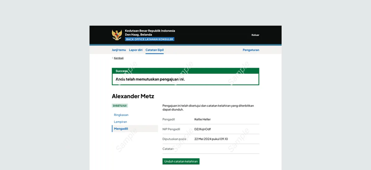 A desktop viewport screenshot of one of the pages in the Consular Backoffice system. It shows a "success message" which appeared after the user approves a civil registration application from a citizen. No real data is used in the screenshot, which is made clear with sample watermarks across the page.