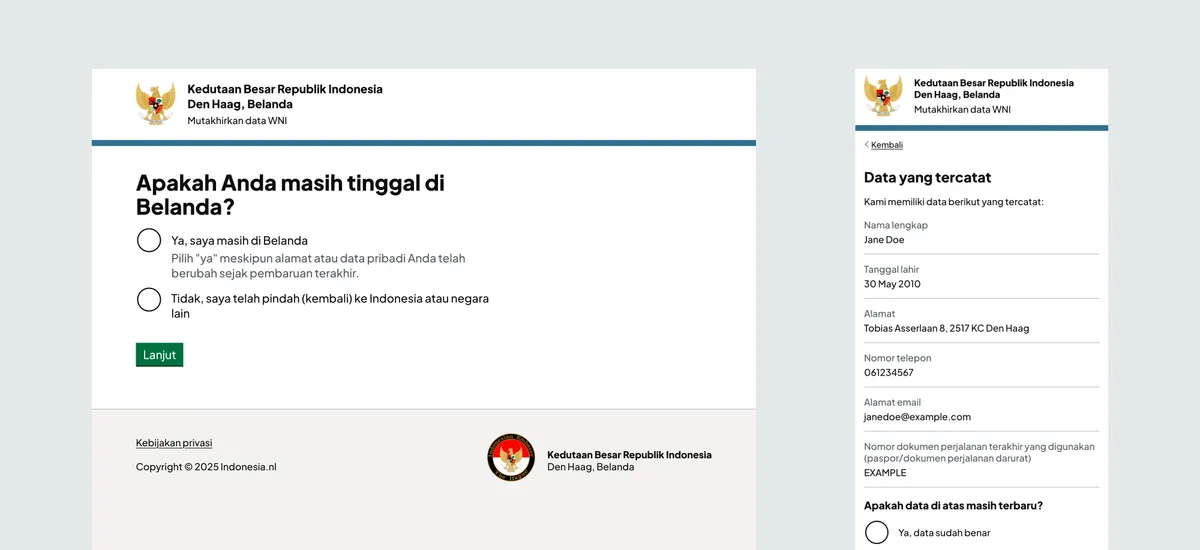 A mobile and desktop screenshot of the "Check your data" multistep form service.